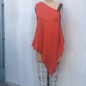 Knit poncho w/ faux leather detail & chain accent